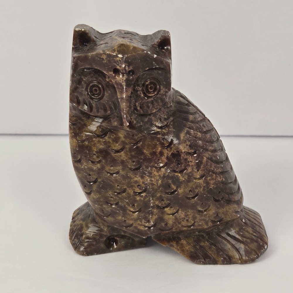 Vintage Hand Carved Soapstone Owl Figurine Brown Natural Stone Made in India 3"